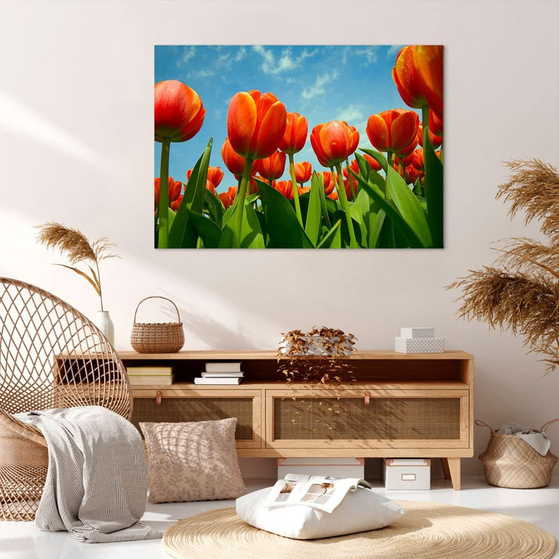 Bilder auf Leinwand 100x70cm Leinwandbild Tulpe Blume blauer Himmel Gross Wanddeko Bild Schlafzimmer