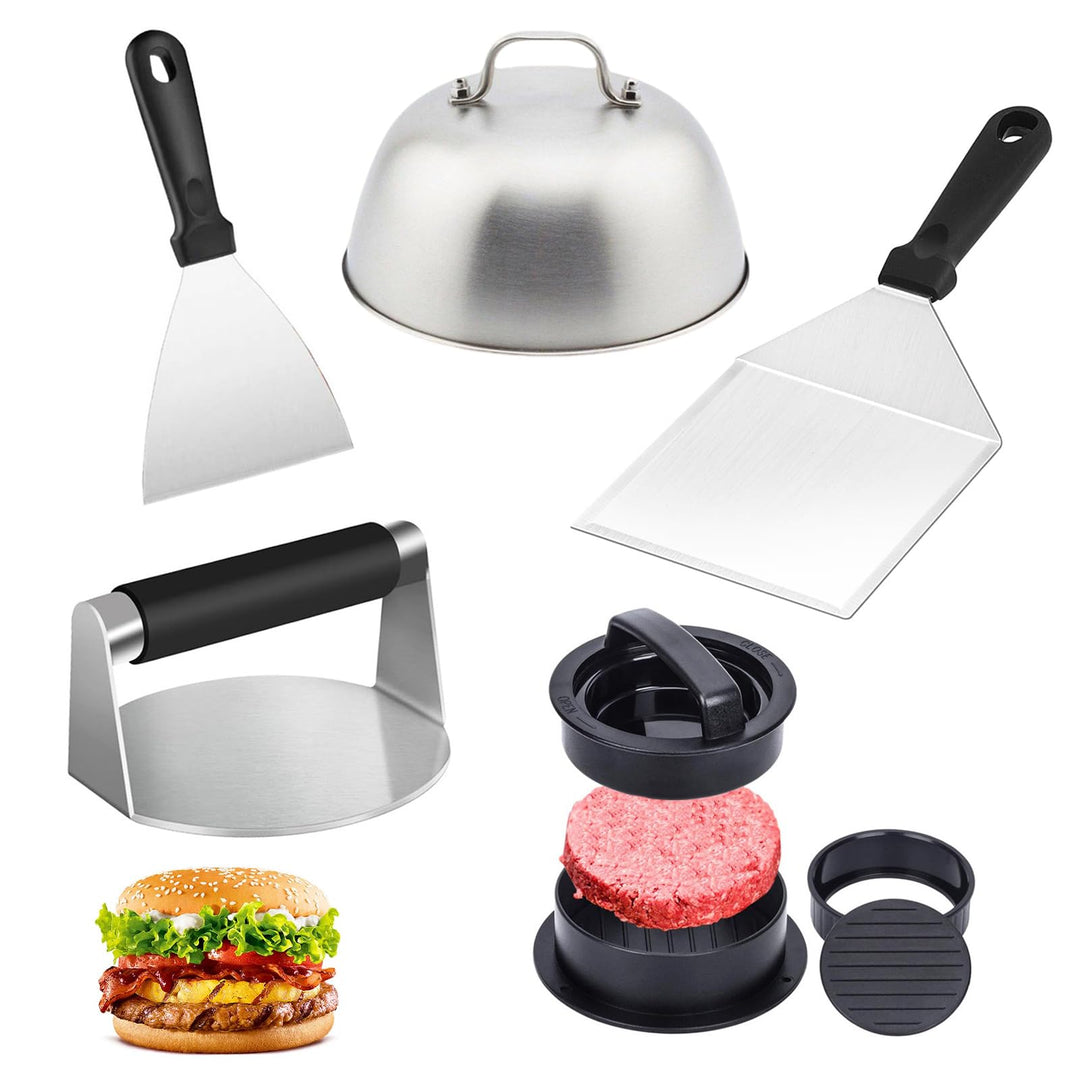 Smash Burger Set aus Edelstahl, 5 Smash Burger Set, Vielseitig Burgerpressen Kit, Burger Spachtel Se