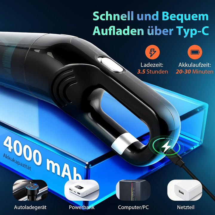 Handstaubsauger Akku Kabellos, 25000pa Auto Staubsauger Stark mit Bürstenloser Motor, 4-in-1Mini Sta