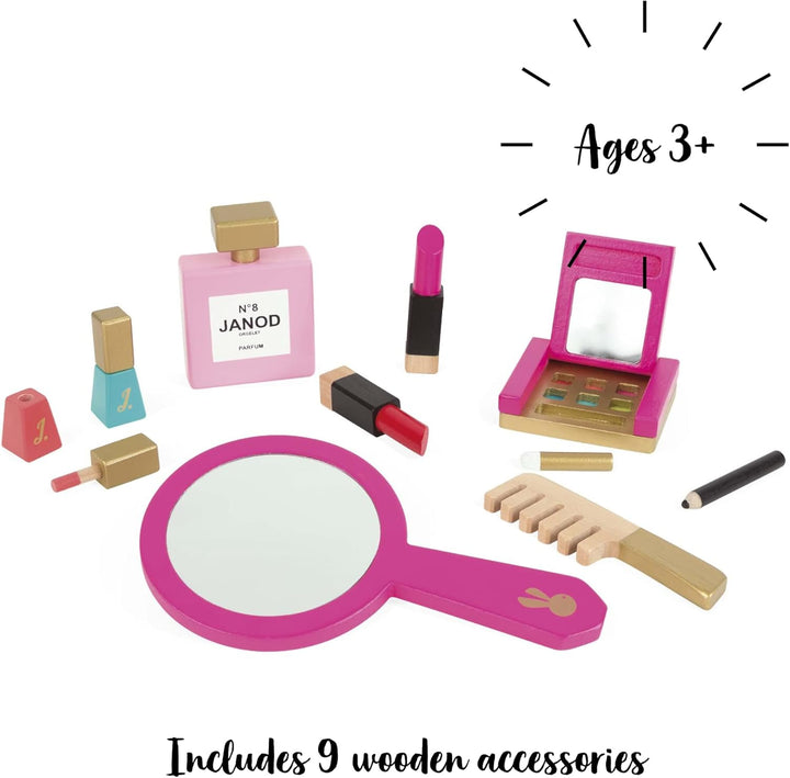 Janod - P'tite Miss Vanity Case for Children - 9 Solid Wood Accessories Included - Pretend Play Toy