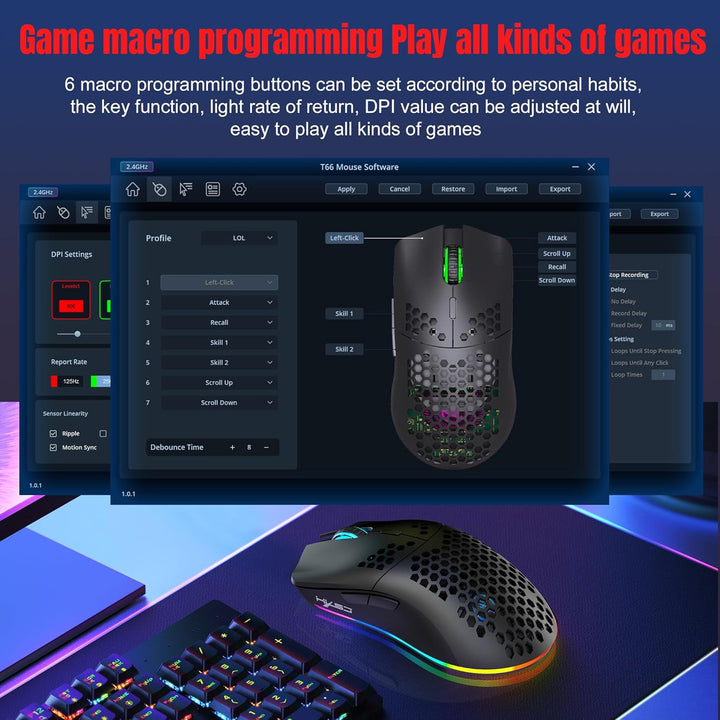 T66 PC Gaming Mouse, BT/2.4G Wireless/Wired, Lightweight Honeycomb Shell, Macro Program, Cool RGB Li