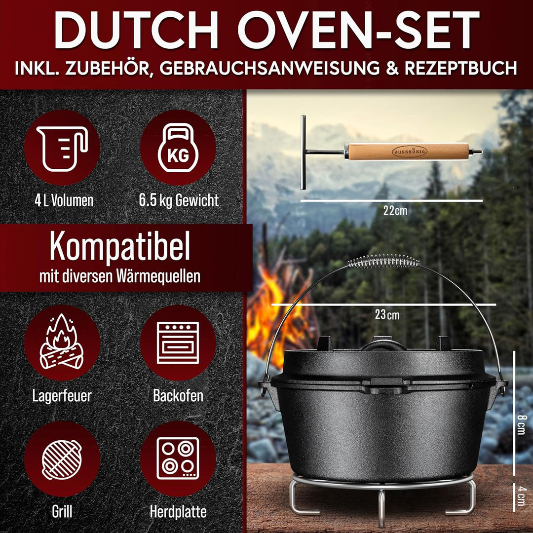 GUSSKÖNIG Dutch Oven Set - Eingebrannter Dutch Oven 4 Liter - Feuertopf Gusseisen ohne Füssen - Schm