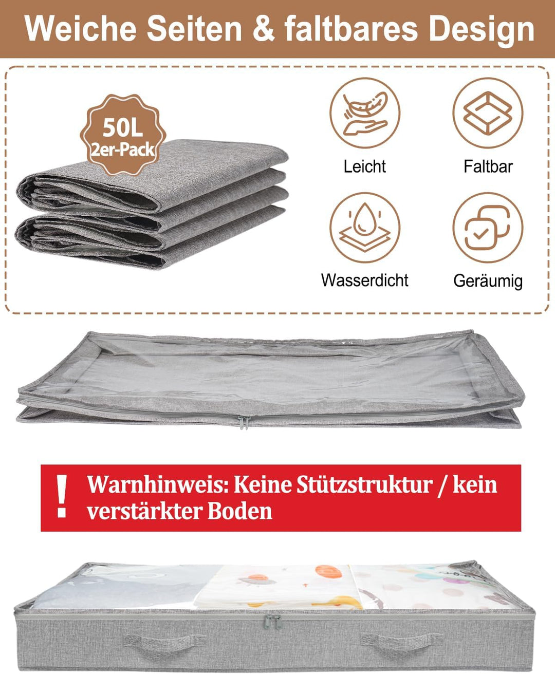 mepure Ultraflache Unterbett Aufbewahrungsbox 100×50×10 cm – Faltbare Unterbettkommode mit Klarsicht