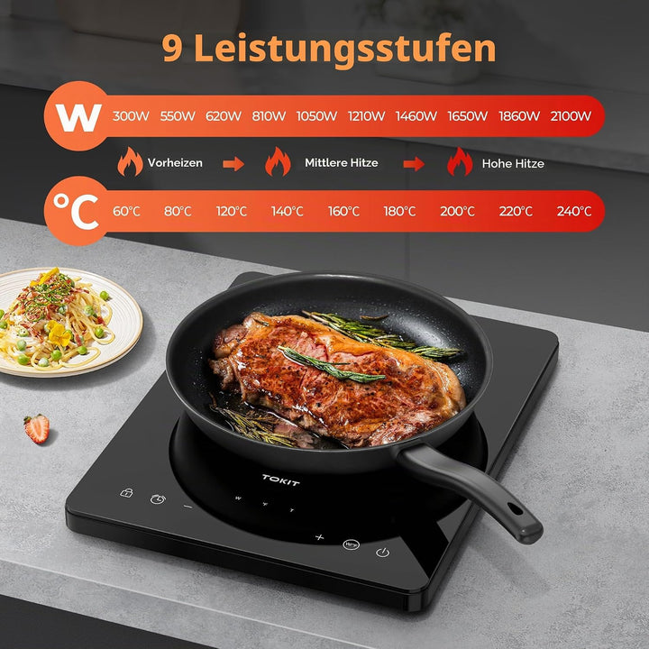 TOKIT Induktionskochfeld 2000 W, Induktionskochplatte mit 9 individuellen Leistungsstufen, 90-Minute