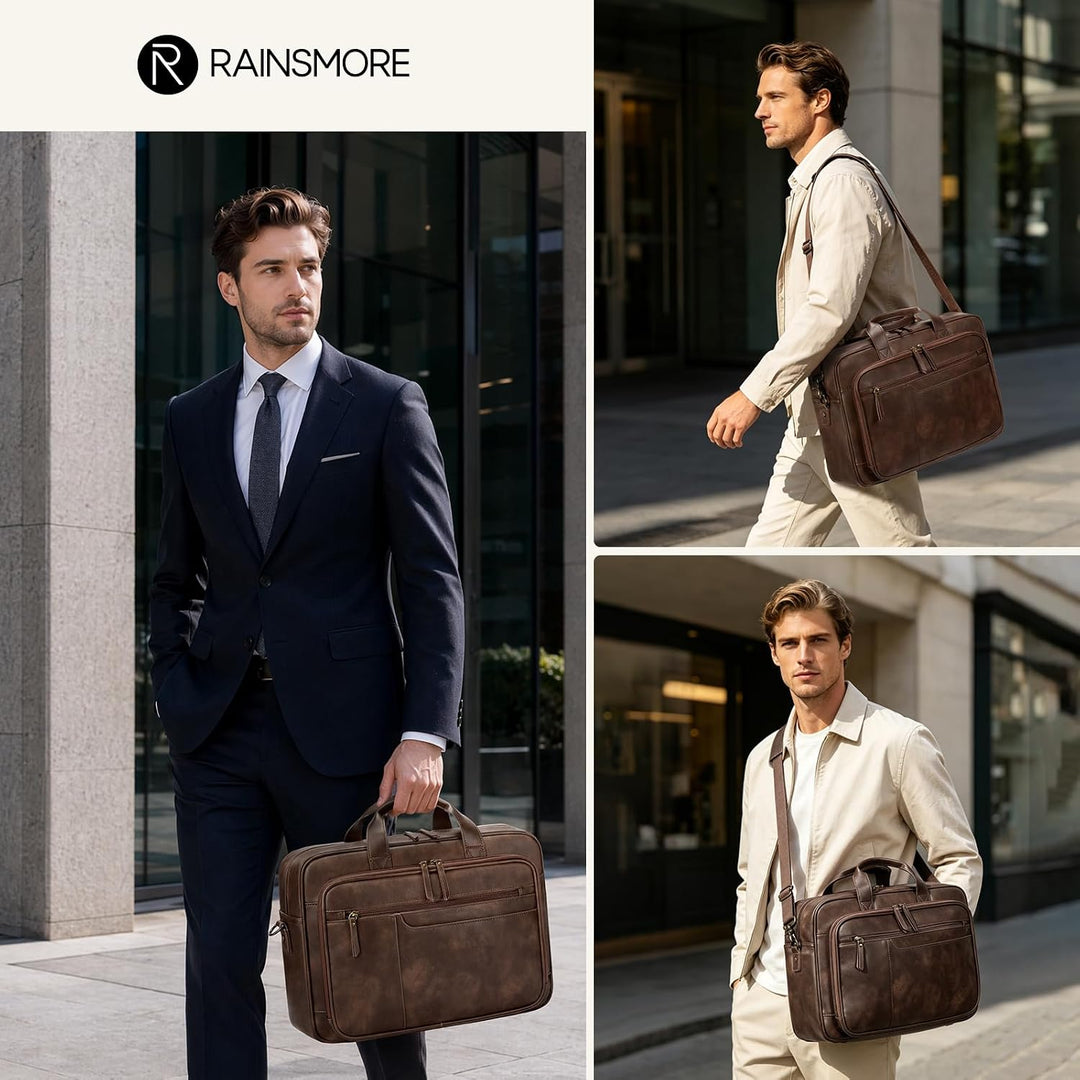 RAINSMORE Aktentasche Herren Vintage PU Leder 16 Zoll Laptoptasche | Arbeitstasche, Wasserdicht Lede