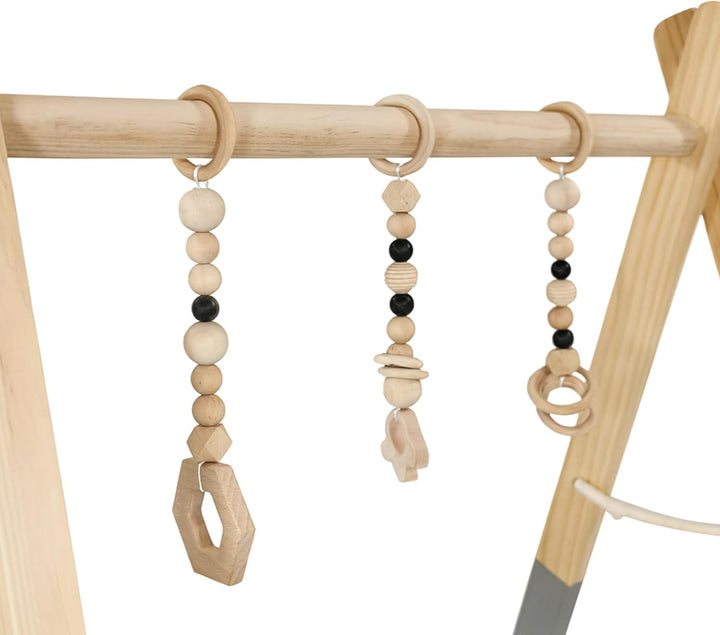 Lemodo Spielbogen Baby aus Kiefernholz Natur – Montessori Spieltrapez klappbar mit 3 Anhängern, leic