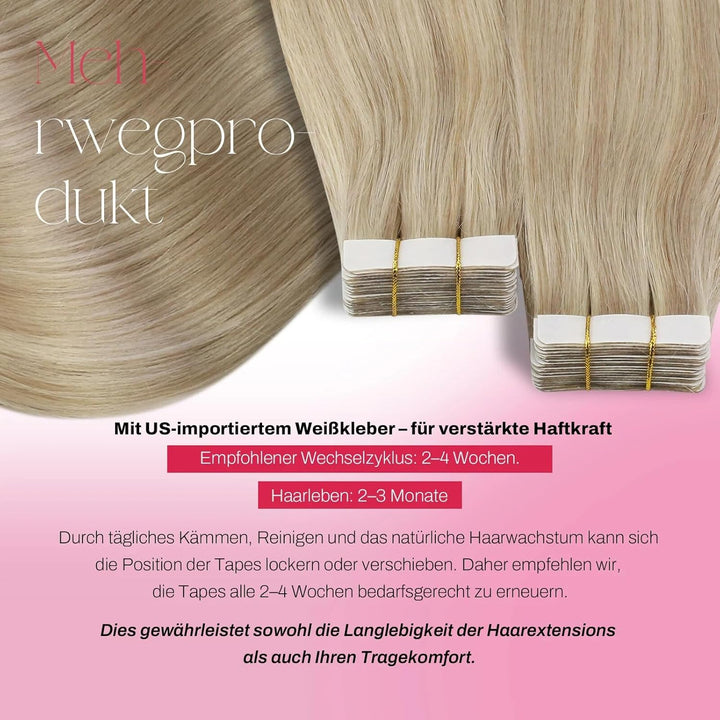 Moresoo Tape Extensions Echthaar Blond 40 cm Skin Weft Haarverlängerung Echthaar Tape in Extensions