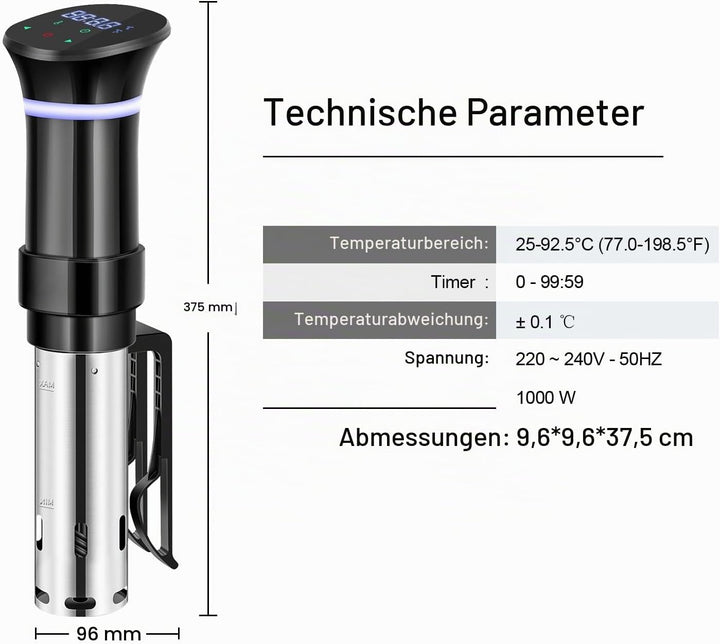 Sous Vide Garer Sous Vide Stick aus Edelstahl, Slow Cooker mit LED Touch-Display, 1000W Sous-vide Ga
