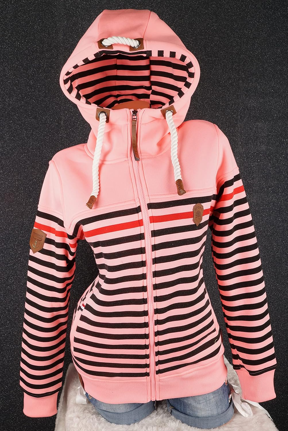 Damen Sweat Jacke Kapuze Fleece gefüttert Übergangsjacke Hoodie gestreiftes oder dünn-gestreiftes me