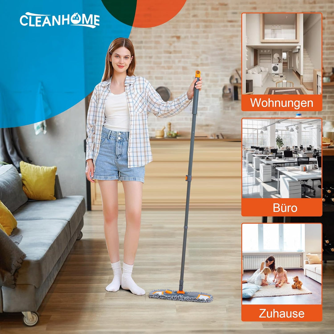 CLEANHOME Bodenwischer Set mit 3 Waschbare Fasermopp-Pads und Ausziehbaren Langen Stiel（112-140CM）,