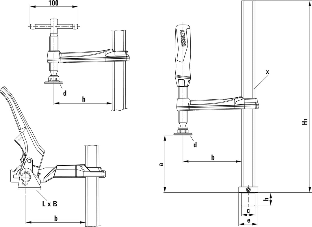 Bessey Spannelement mit fixer Ausladung TW16 200/100 (2K-Kunststoffgriff) & Werkbank-Adapter TW16AW2