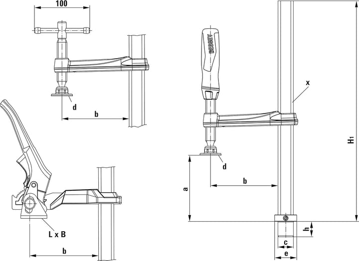 Bessey Spannelement mit fixer Ausladung TW16 200/100 (2K-Kunststoffgriff) & Werkbank-Adapter TW16AW2