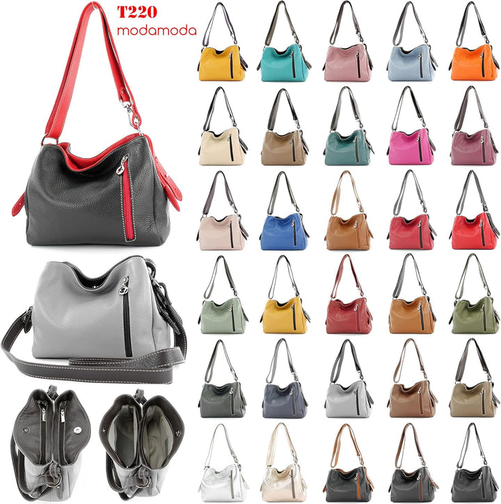 modamoda de - T220 - ital. Schultertasche Klein aus Echtleder Schokobraun, Schokobraun