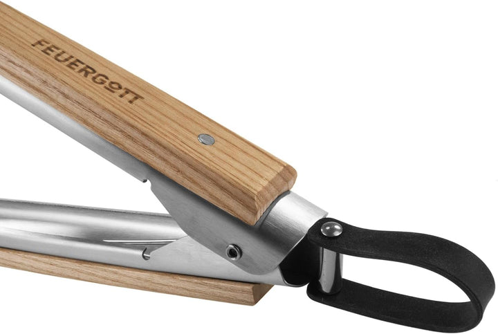 Grillzange 46cm Edelstahl mit edlen Zedernholzgriffen, Leder Schlaufe zum Aufhängen, praktisches Ver
