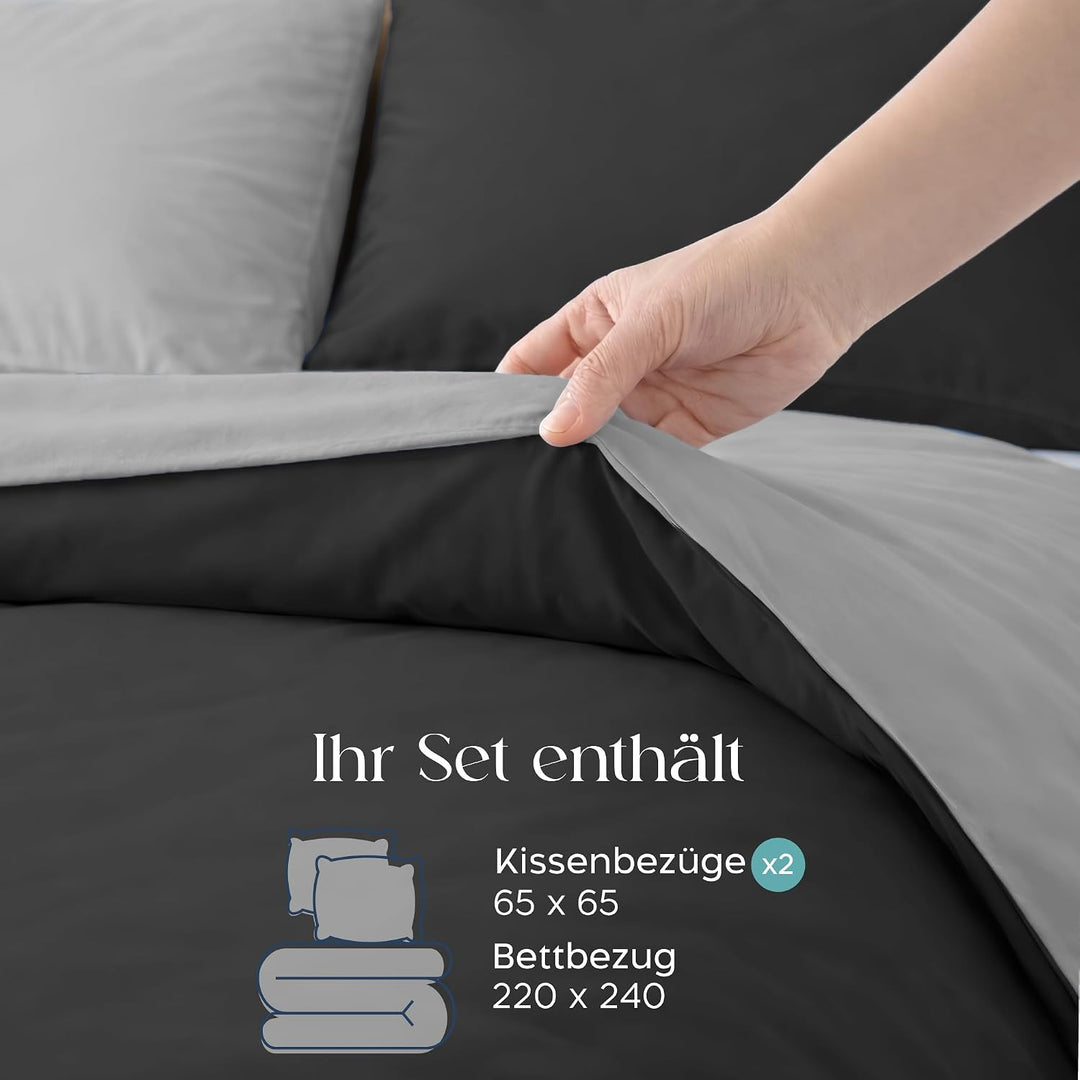 Twinzen - Bettwäsche 220x240 cm mit 2 Kissenbezüge 65x65 cm - Wendbar Dunkelgrau / Hellgrau 240x220