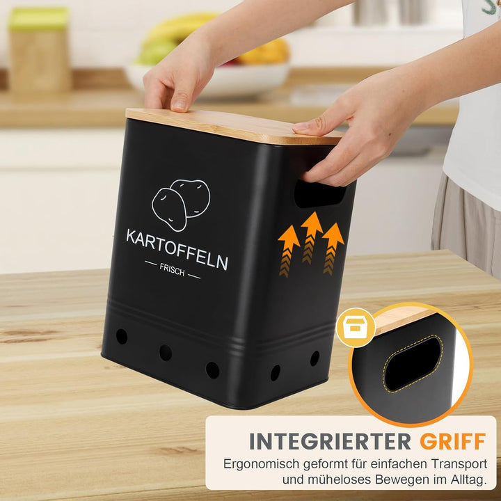 Kartoffel Aufbewahrungsbox, Aufbewahrung Kartoffeln Zwiebeln Knoblauch - 3er Set mit Bambusdeckel -