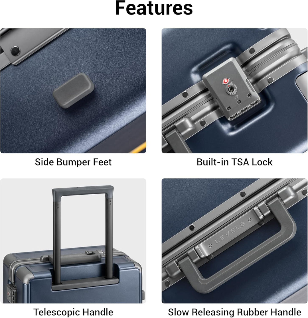 LEVEL8 Reisekoffer mit Aluminium Rahmen, Handgepäck Cabin Trolley Hartschalen Spinner Mit Doppelte T