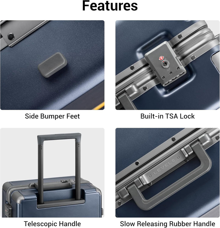 LEVEL8 Reisekoffer mit Aluminium Rahmen, Handgepäck Cabin Trolley Hartschalen Spinner Mit Doppelte T