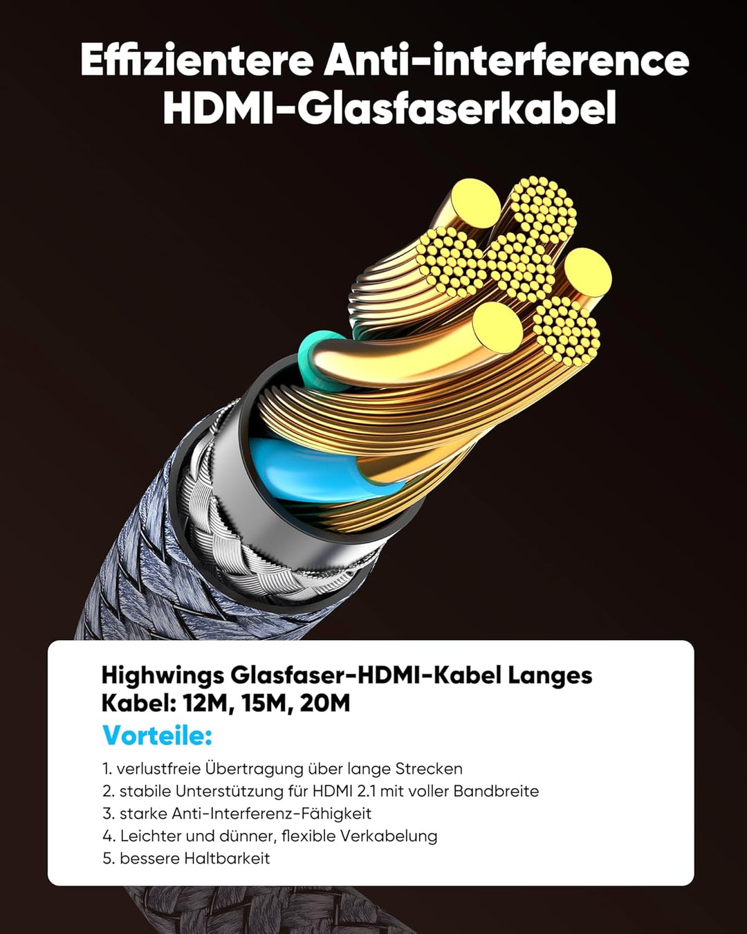 Highwings Glasfaser HDMI Kabel 15Meter 8K, HDMI 2.1 Kabel 48Gbps Ultra Highspeed 8K@60Hz 4K@120Hz 76