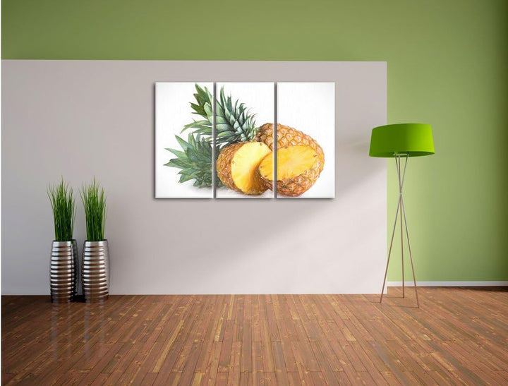 Pixxprint Frische Ananas Bunstift Effekt 3-Teiler Leinwandbild 120x80 Bild auf Leinwand