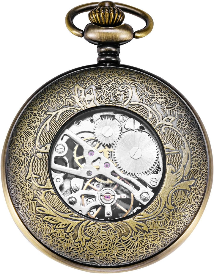 TREEWETO Unisex Taschenuhr mit Kette Analog Handaufzug Skelett Blume Rattan Bronze