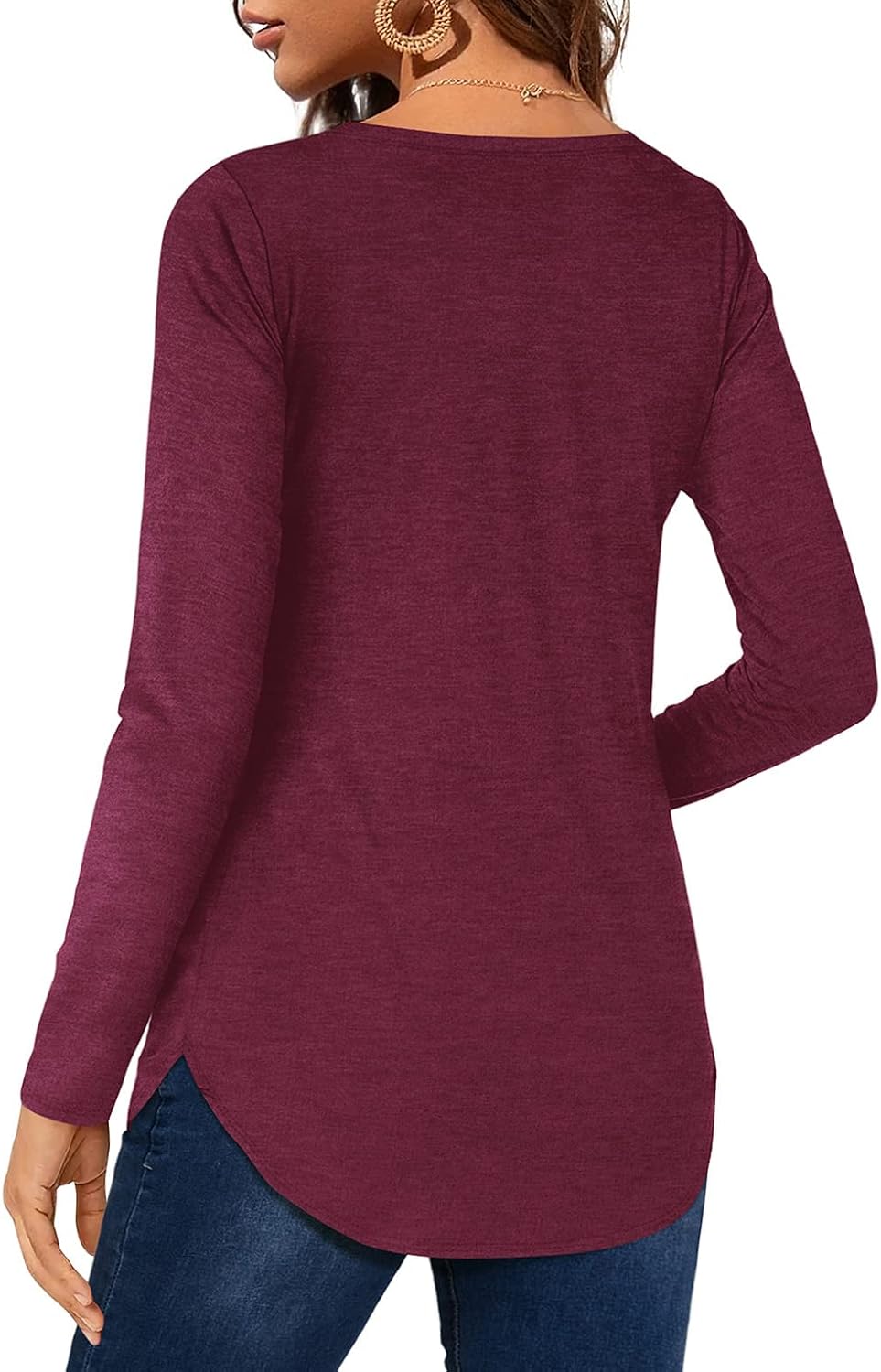 Florboom Tunika Damen Langarm/Kurzarm V Ausschnitt Oberteil Shirts Basic Casual Longshirt L A-rot, L
