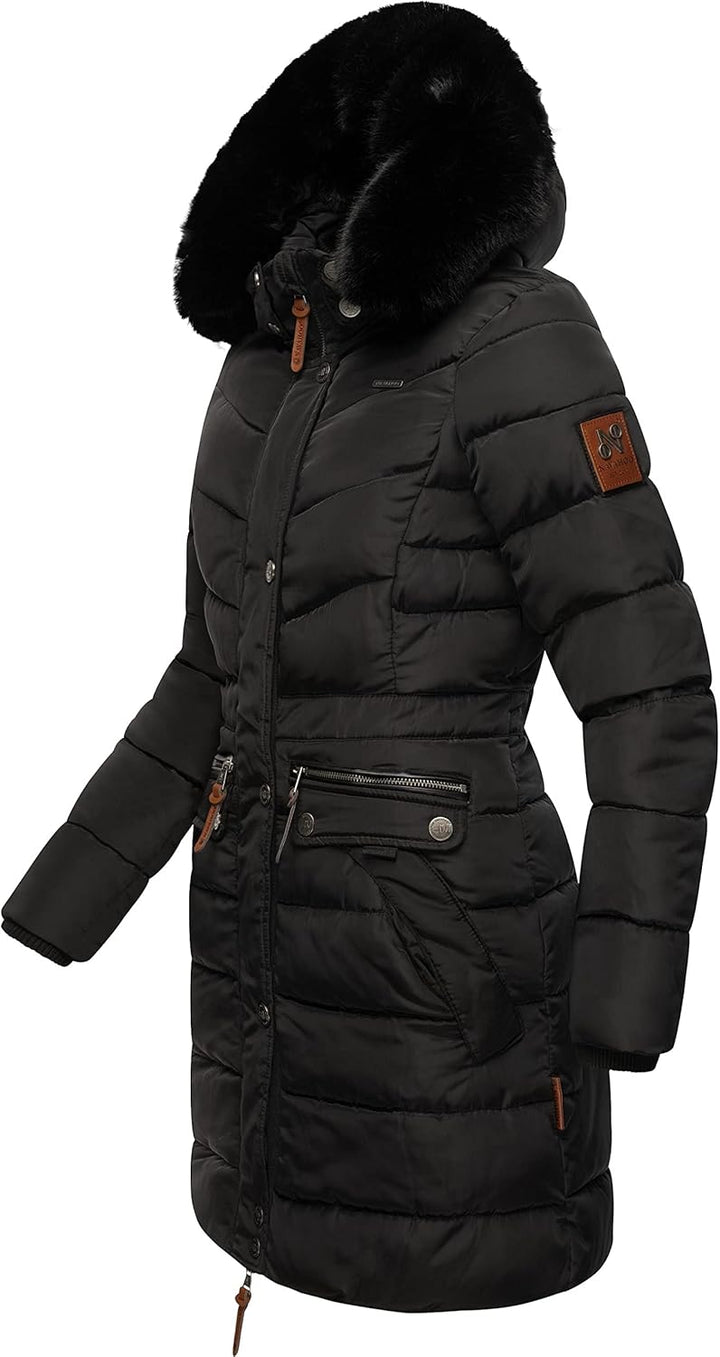 Navahoo Damen Wintermantel warmer Steppmantel lang mit abnehmbarer Kunstfell-Kapuze Paula XS-5XL S B