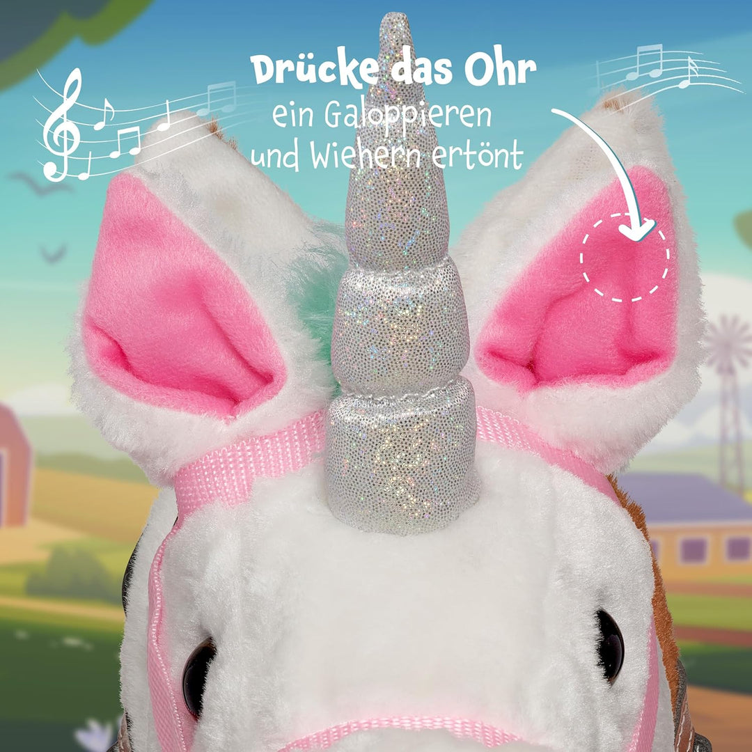 Pink Papaya Steckenpferd, Rainbow, süsses Spielzeug Pferd aus Stoff mit Sound Funktion: Gewieher und