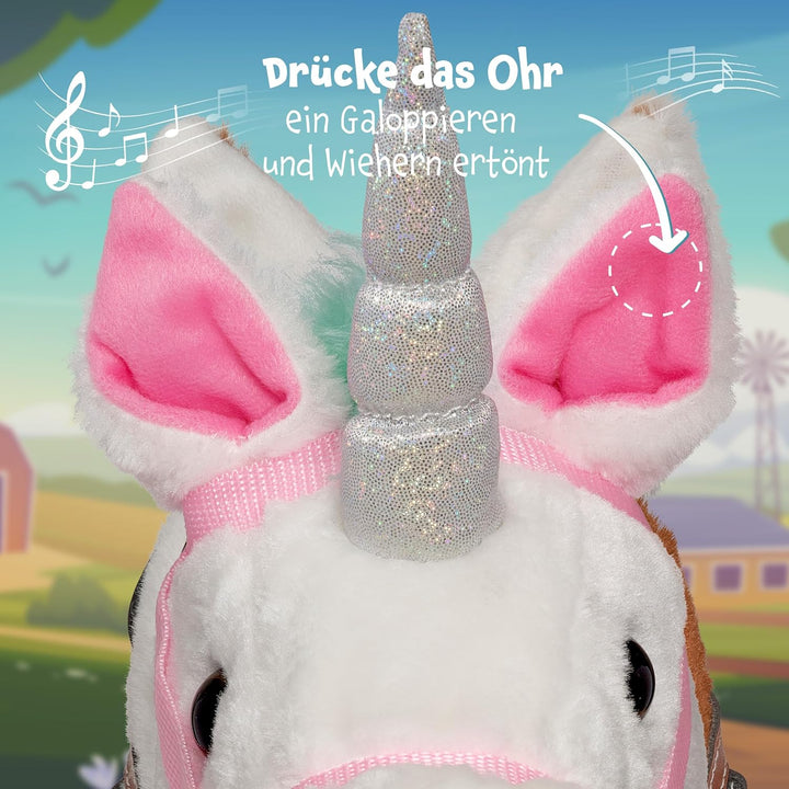 Pink Papaya Steckenpferd, Rainbow, süsses Spielzeug Pferd aus Stoff mit Sound Funktion: Gewieher und