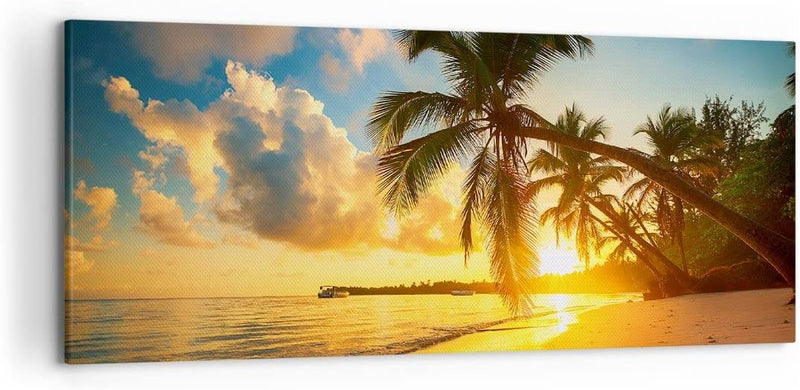 Wandbilder Dekoration Wohnzimmer Meer Strand Palme Panorama Bilder auf Leinwand 120x50cm Leinwandbil