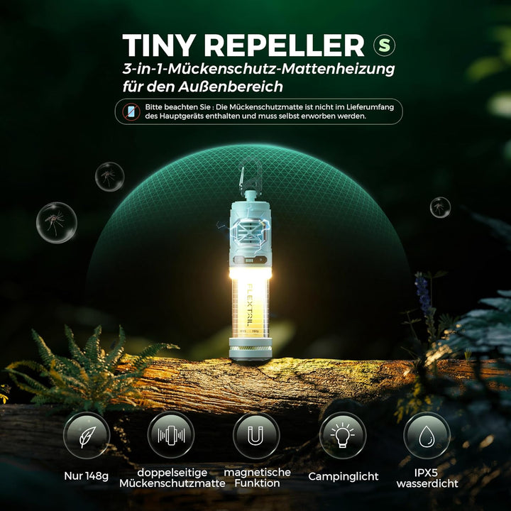 FLEXTAILGEAER Tiny Repeller S, Tragbarer Elektrischer Mückenschutz, mit Campinglampe (Atemlicht, bis