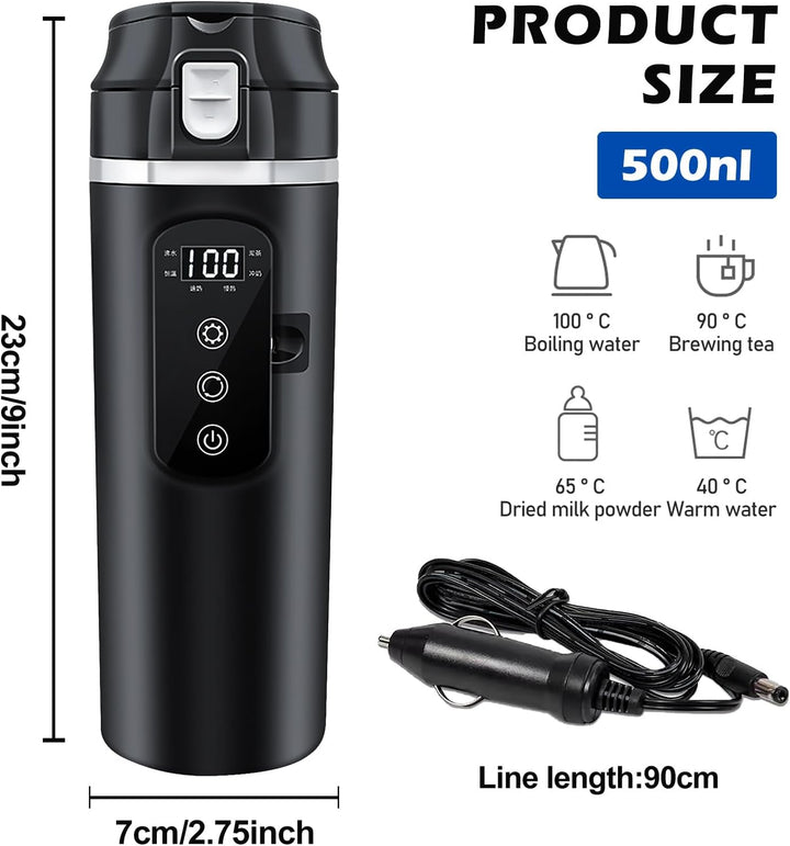 PORFOYO Wasserkocher Für Auto Reisebecher 24V/12V Elektrischer Wasserkocher 500ml Schwarz Edelstahl
