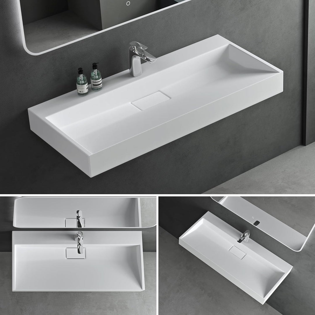 Mai &amp; Mai Aufsatz-Waschbecken Mineralguss Hänge-Waschtisch 100x46x11cm Col19 in Weiss matt mit Armat