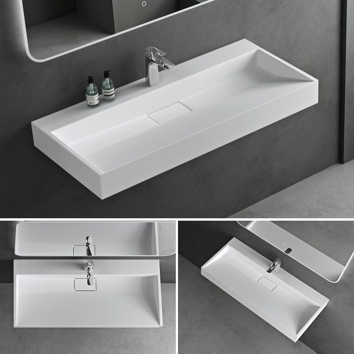 Mai &amp; Mai Aufsatz-Waschbecken Mineralguss Hänge-Waschtisch 100x46x11cm Col19 in Weiss matt mit Armat
