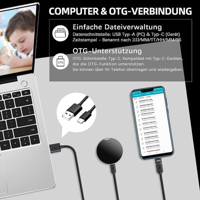 32 GB Mini Voice Recorder with Playback and OTG, Portable Round Mini Recorder, 192 Hours Recording a