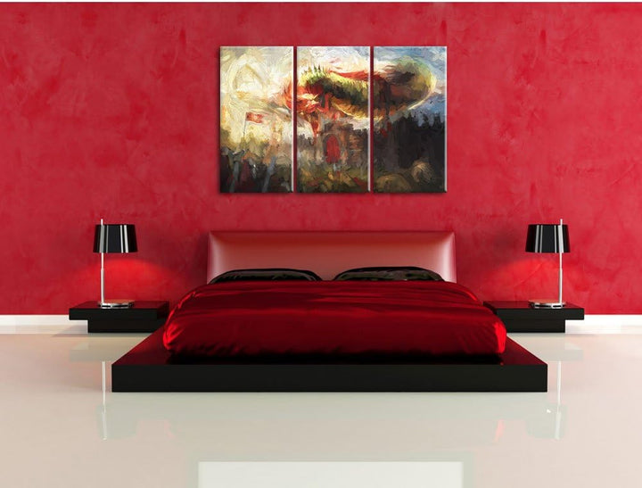 Pixxprint Drache über der Festung als Leinwandbild/Grösse: 3 Teilig (120x80 cm) cm/Wandbild/Kunstdru