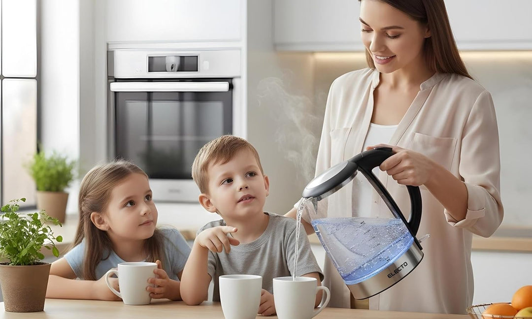 ELECTO Elektrischer Glaswasserkocher 1,7 L – 1800 W – LED-Beleuchtung – Edelstahlboden – Automatisch