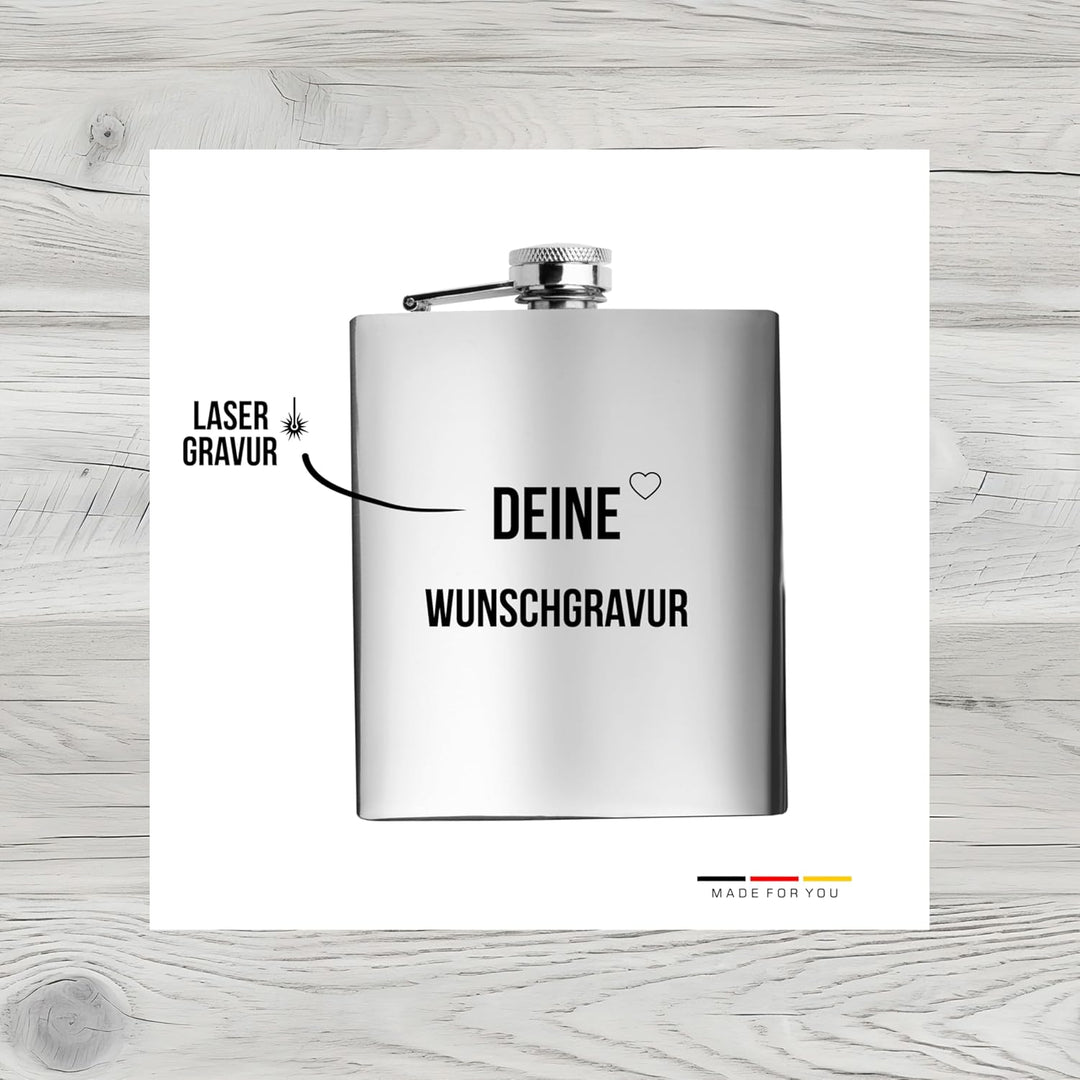 Edelstahl Flachmann 200 ml silber inkl. individuelle Gravur in Schwarz - personalisiertes Geschenk f