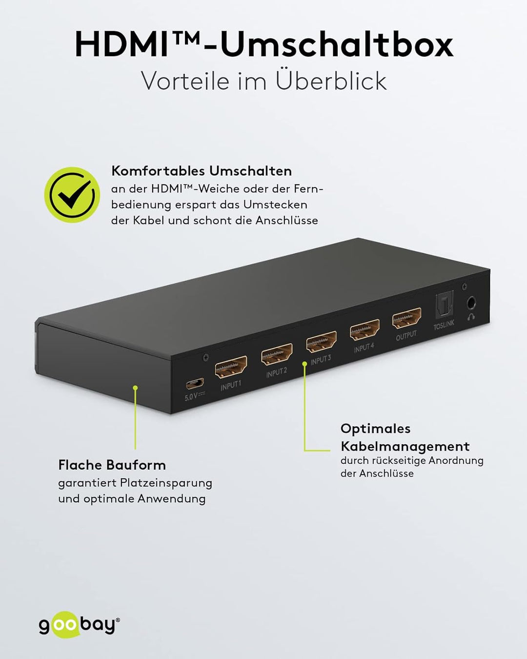 goobay 58490 HDMI Umschaltbox mit Audio Ausgang/HDMI Verteiler unterstützt Auflösungen bis zu 4K@60H