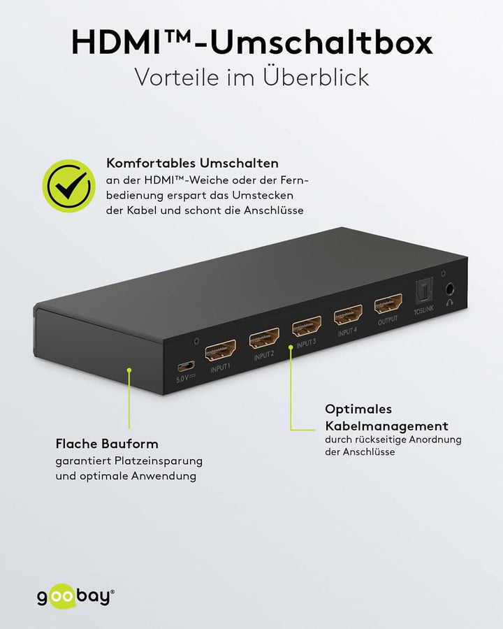 goobay 58490 HDMI Umschaltbox mit Audio Ausgang/HDMI Verteiler unterstützt Auflösungen bis zu 4K@60H