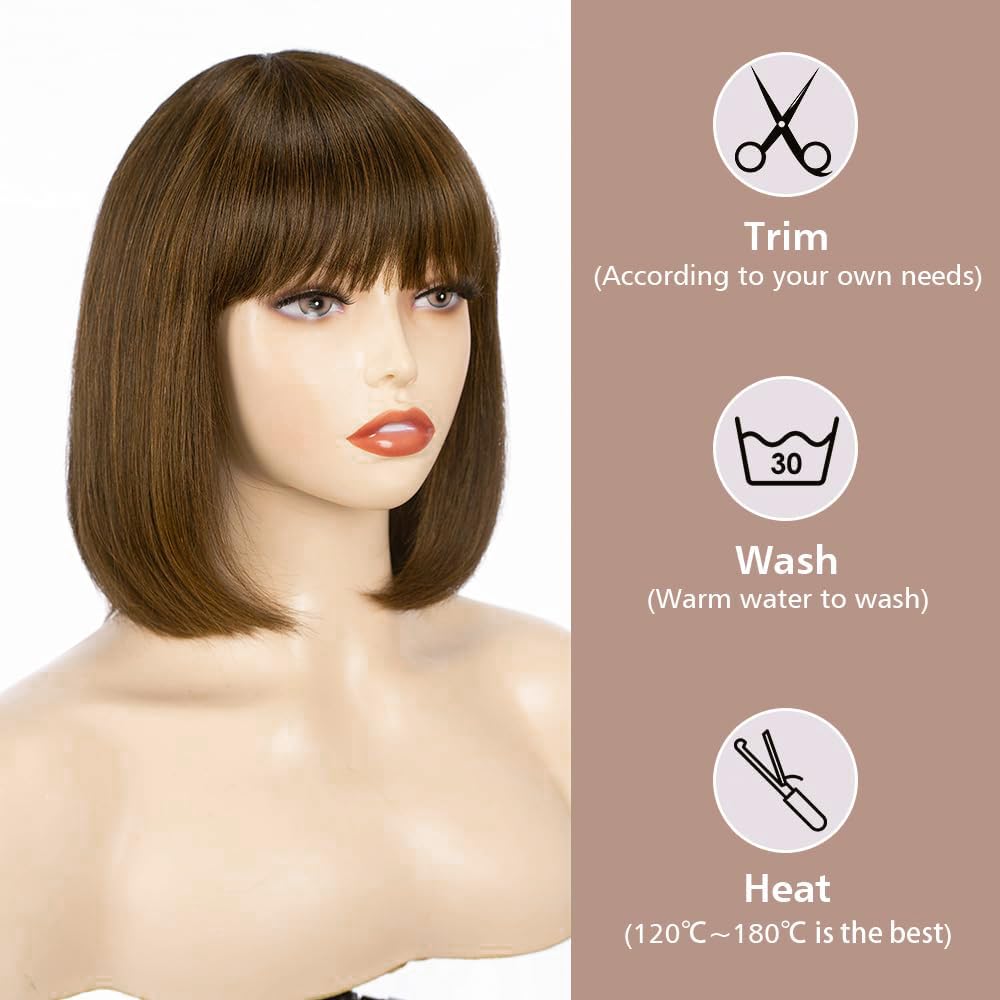YEESHEDO Damen Braun Kurze Bob Gerade Haar Perücken mit Pony Hitzebeständige Synthetische Bunte Perü