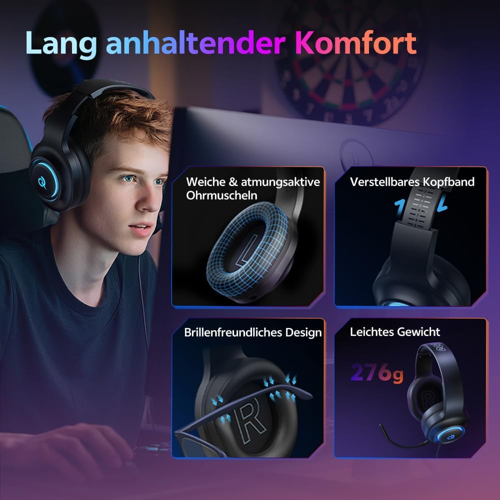 QCY HEROAD V200 Gaming Headset,2.4GHz Wireless Headset mit mikrofon für PS5,PS4,PC,Switch,Abnehmbare