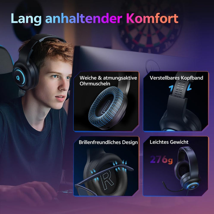 QCY HEROAD V200 Gaming Headset,2.4GHz Wireless Headset mit mikrofon für PS5,PS4,PC,Switch,Abnehmbare