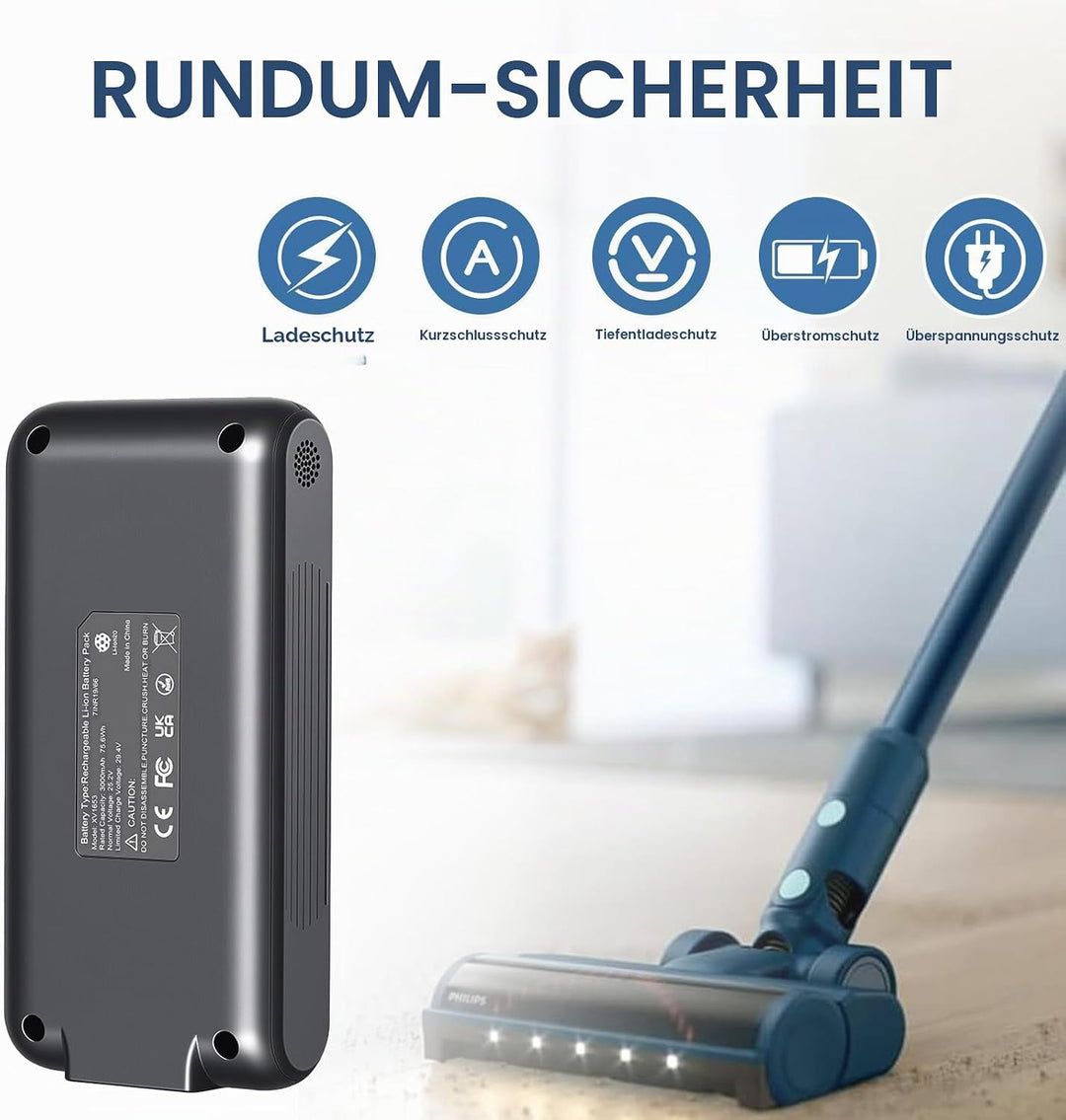3,0 Ah Ersatzakku für Philips 5000 Serie Staubsauger Akku, Modelle XV1653/01, Kompatibel mit Philips