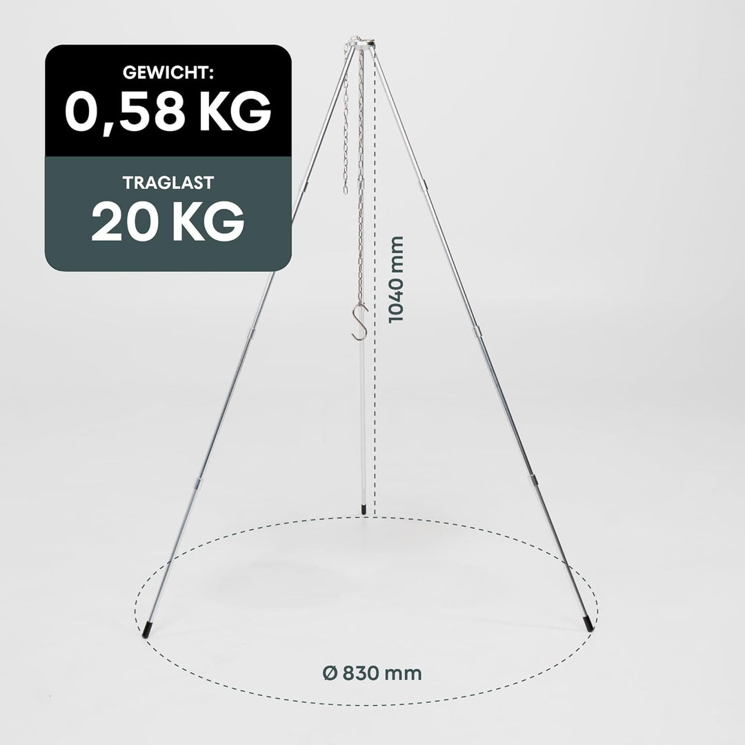 BOXIO - TRIPOD: Leichtes Camping Dreibein aus Aluminium mit Haken & Kette | Steckbares Stativ für Ou