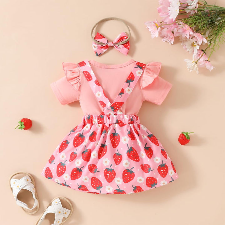 Neugeborenes Baby Mädchen Röcke Sets Kurzarm Rüschen Top + Bedrucktes Overalls Hosenträger Kleid + S