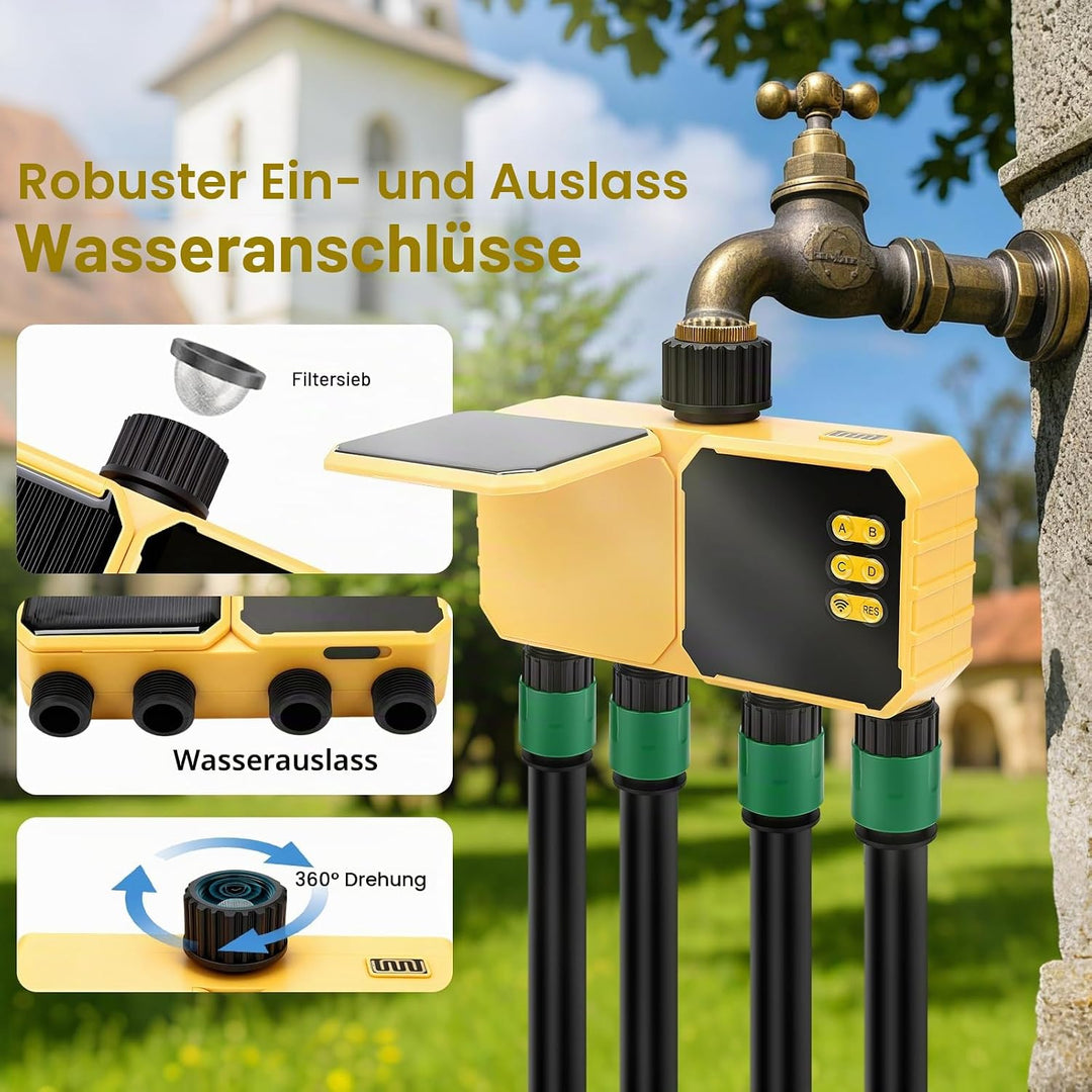 Bewässerungscomputer WLAN 4 Ausgänge,Smart Wasserzeitschaltuhr,App-Steuerung Sprachsteuerung Regenve