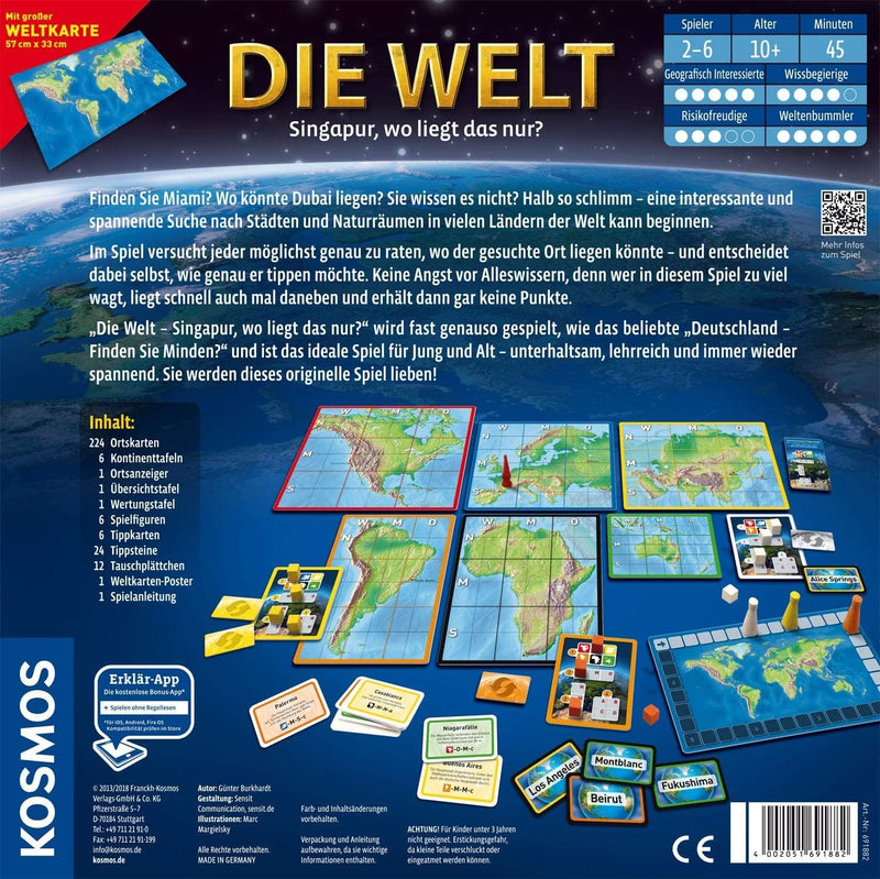 KOSMOS 691882 Die Welt, Geografie Spiel, Familienspiel für 2-6 Spieler, ab 10 Jahre, Weltreise Spiel