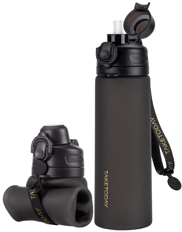 TakeToday Faltbare Trinkflasche 600 mL, zusammenklappbare Wasserflasche aus Platin-Silikon mit Stroh