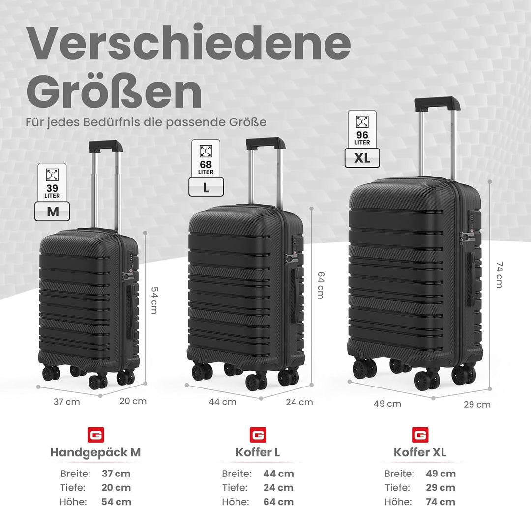 GENTOR Koffer Reisekoffer mit Rollen Carbonoptik Hartschalenkoffer Trolley Handgepäck mit TSA-Schlos